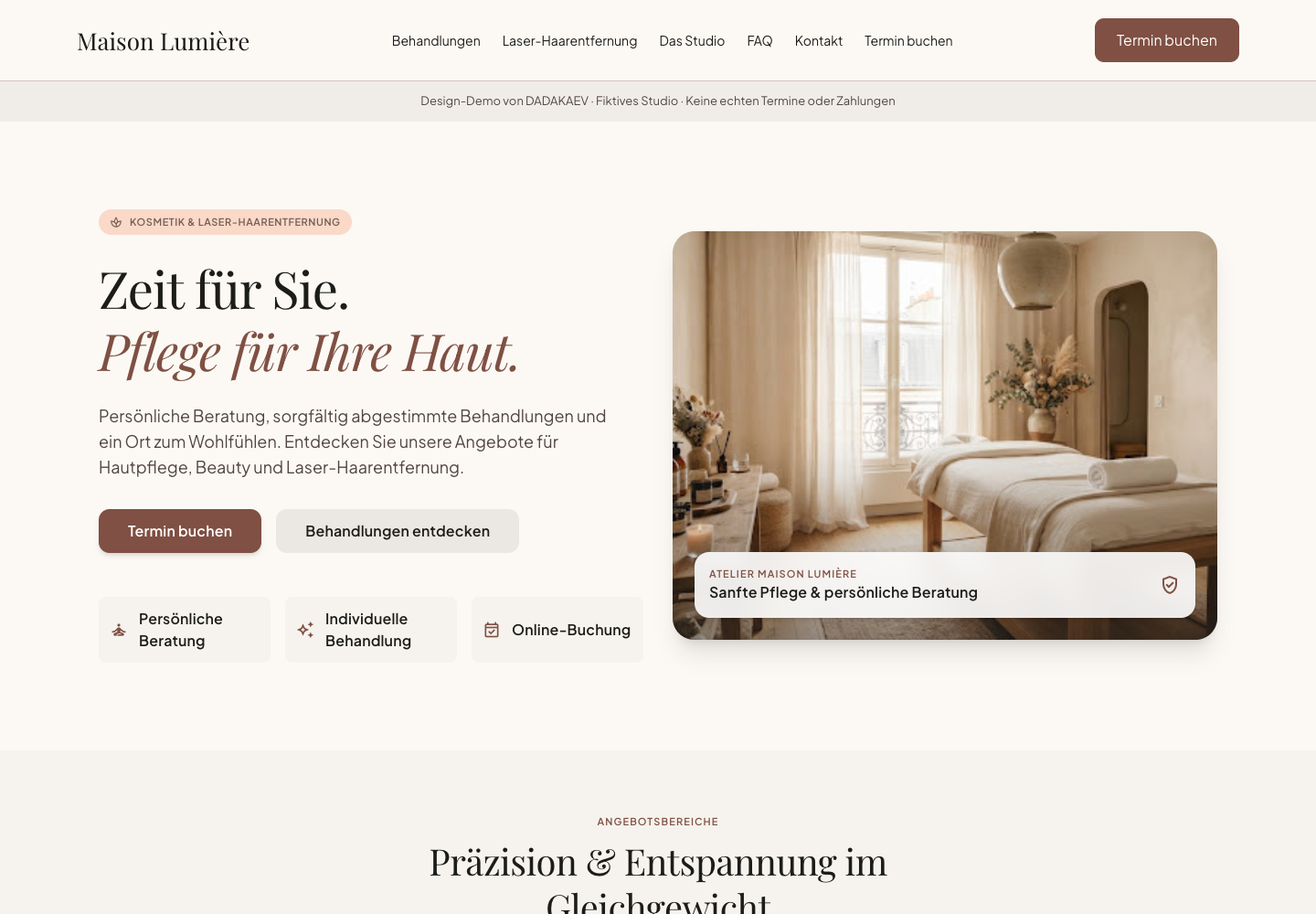 Vorschau der Maison Lumière Website mit warmen Naturtönen, Behandlungsliege und Terminbuchung